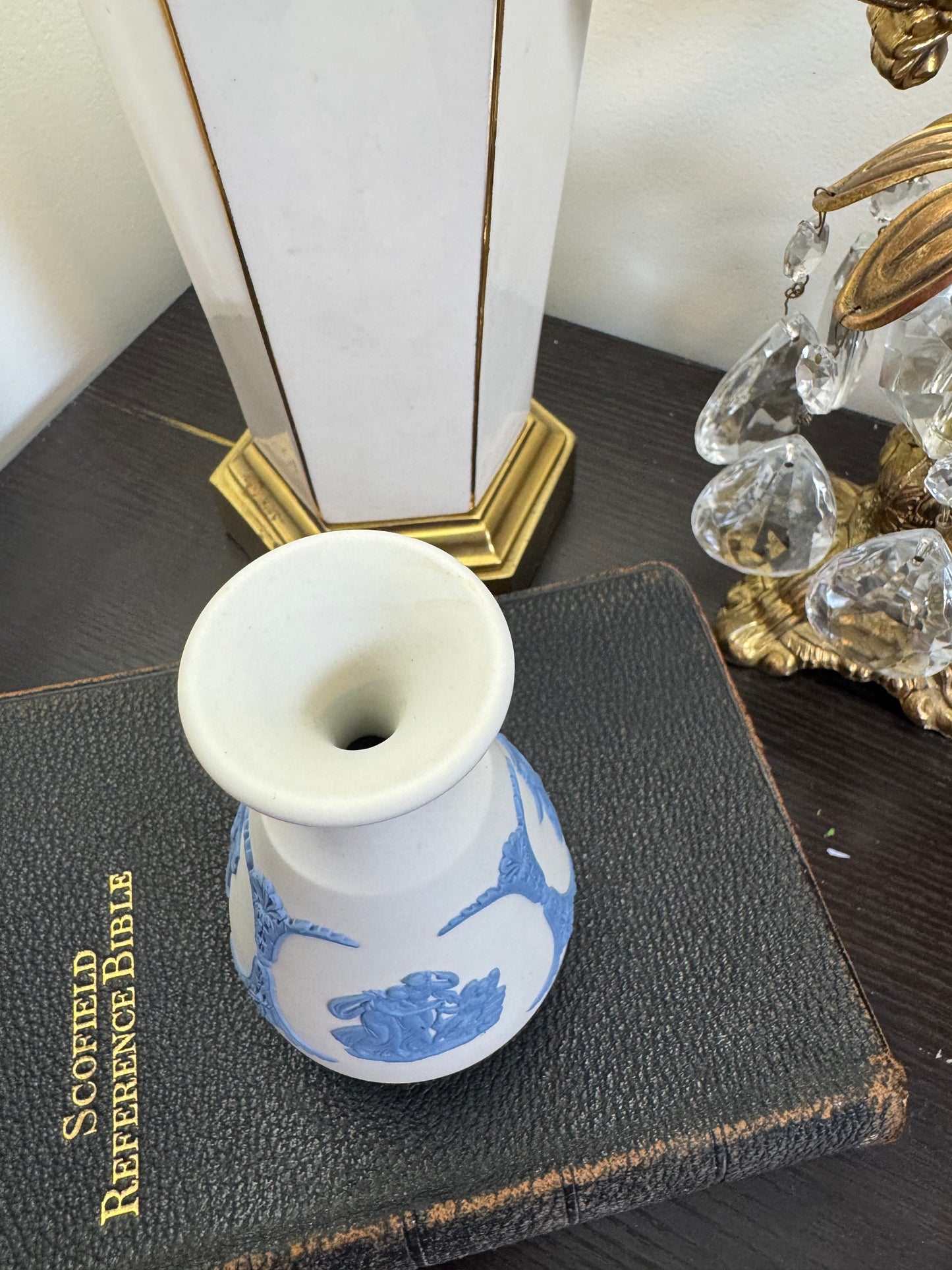 Wedgwood white and blue bud vase 5”