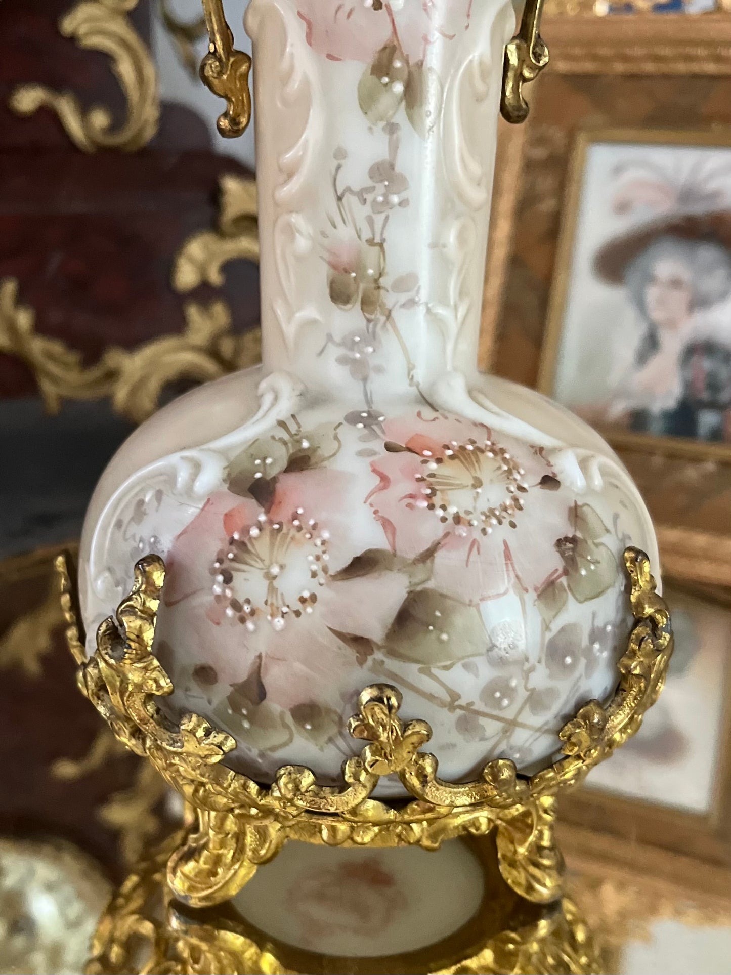 Antique Wavecrest Bud Vase in Gilt Ormolu Mounts — C.F. Monroe, Hand-Painted Wild Roses