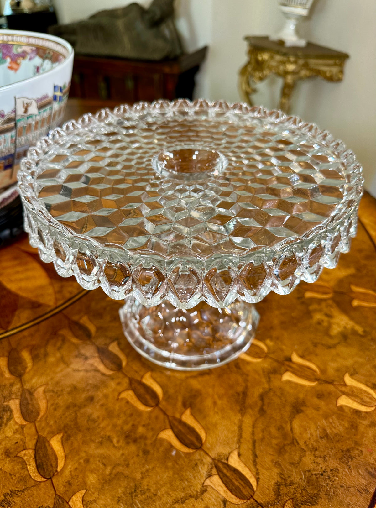 Vintage Fostoria American Crystal Pedestal Cake Stand | No. 2056 | 10” Round with Rum Well