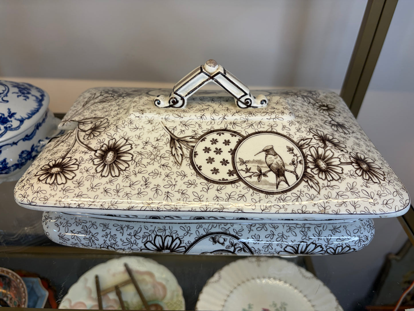 Stunning antique Ridgways brown transferware lidded tureen featuring birds! As is!