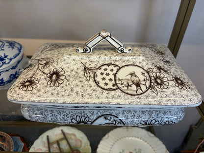 Stunning antique Ridgways brown transferware lidded tureen featuring birds! As is!