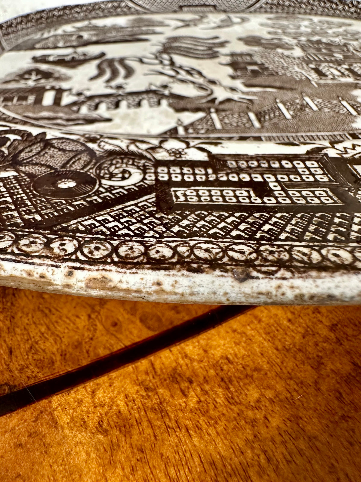Antique 19th Century Brown Transferware Willow Platter, 15.5”