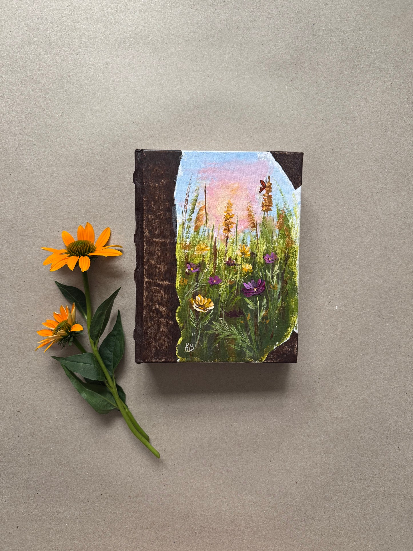 Original art hand made, hand painted leather bound journal 6x8”