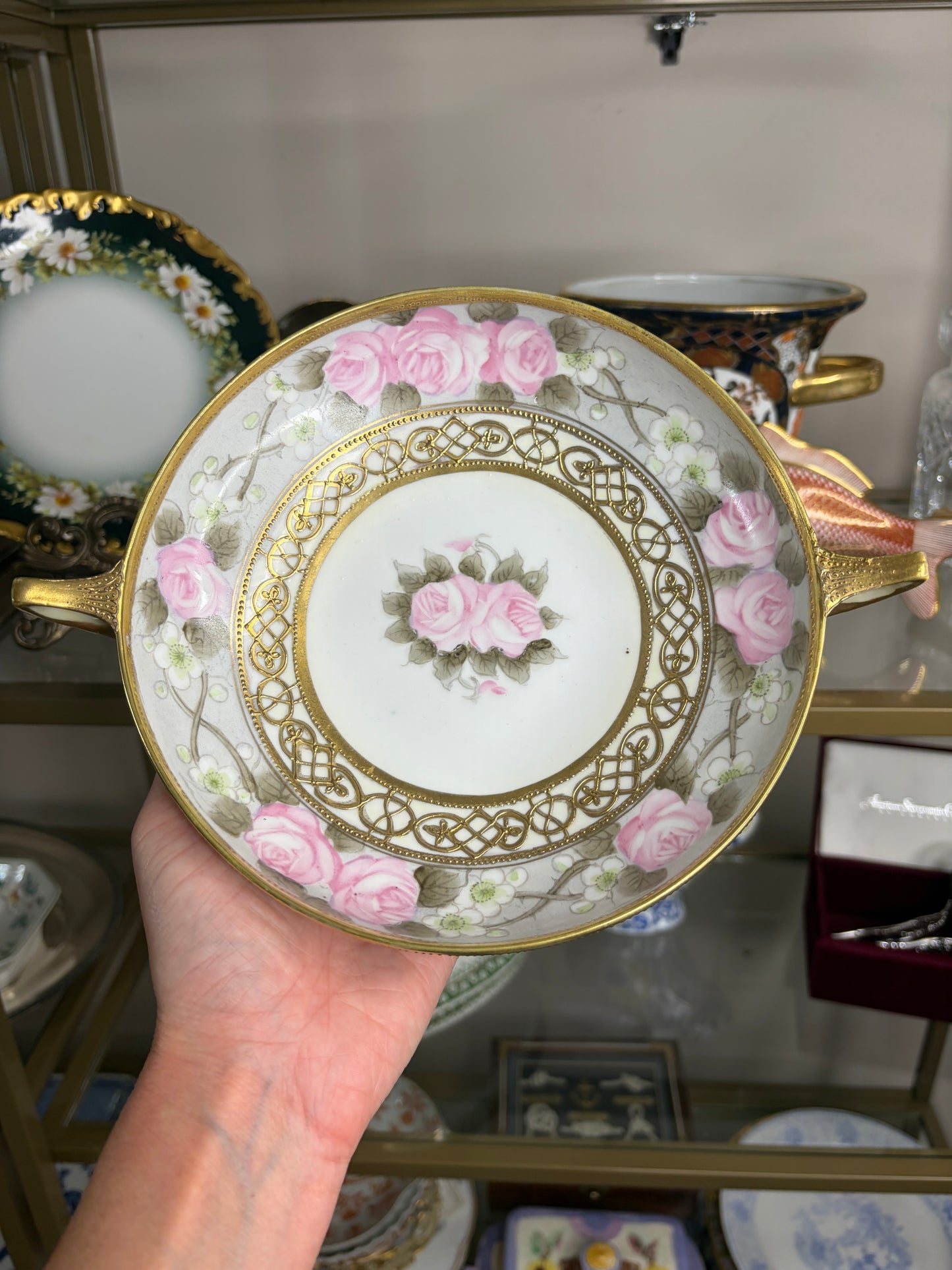 Antique Nippon handpainted floral bowl with handles!