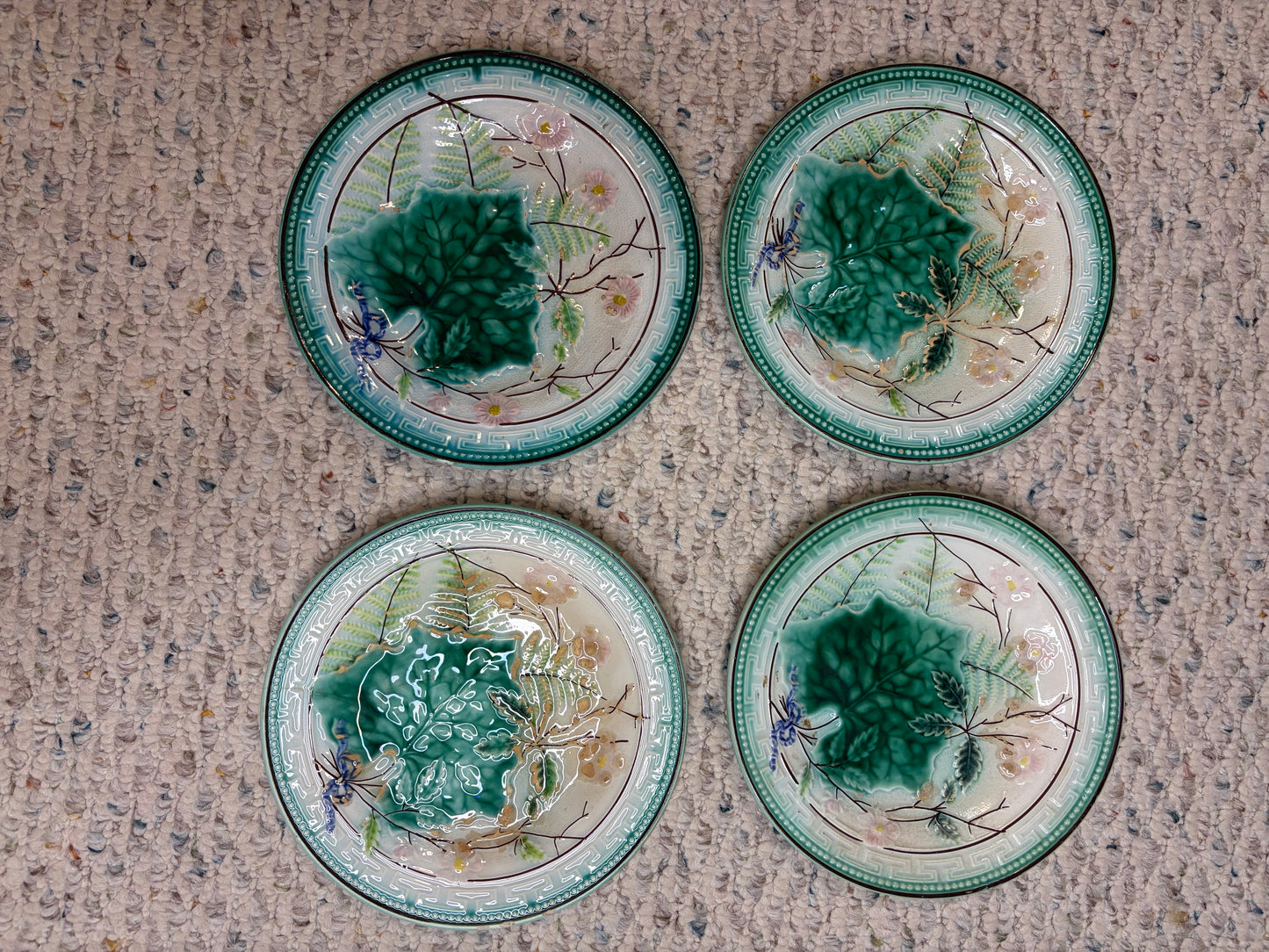 Antique majolica leaf plates with Greek key border- Set of 4! As is!