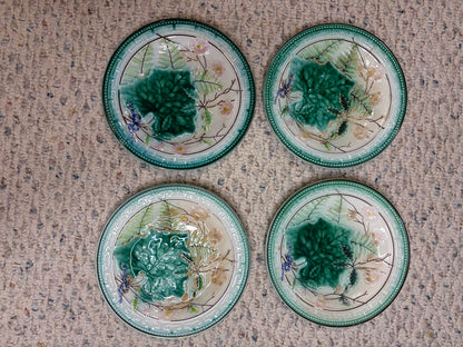 Antique majolica leaf plates with Greek key border- Set of 4! As is!
