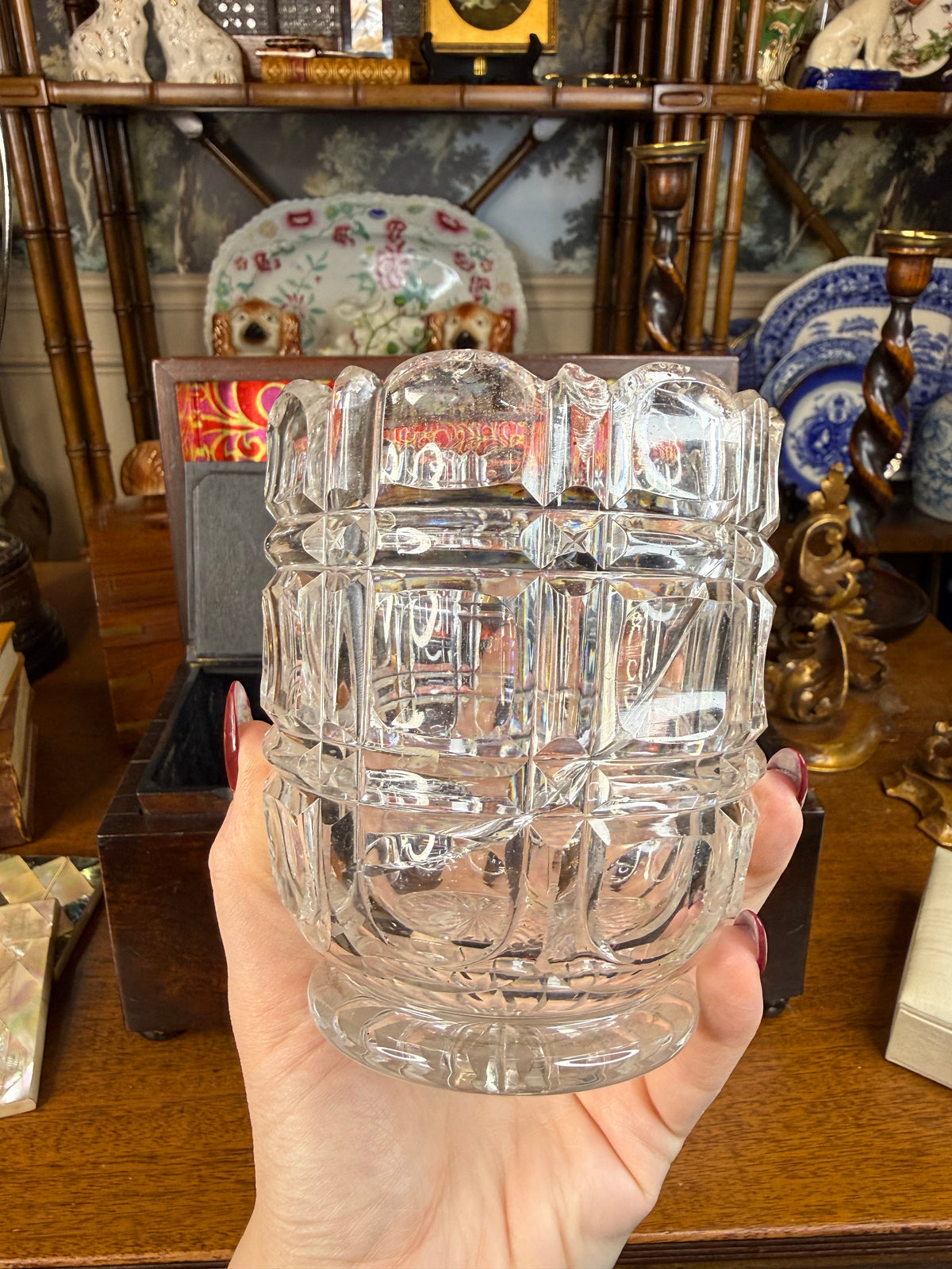 Antique Victorian Mahogany Smoking Compendium with Cut Crystal Tobacco Jar & Fitted Interior, c. 1890–1910 – 12”W