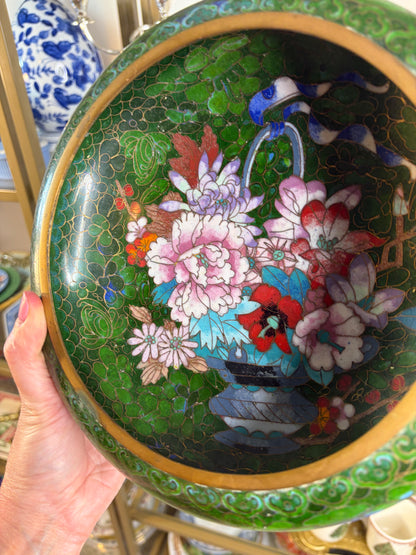 Gorgeous cloisonné green bowl featuring a bouquet and brass rim!