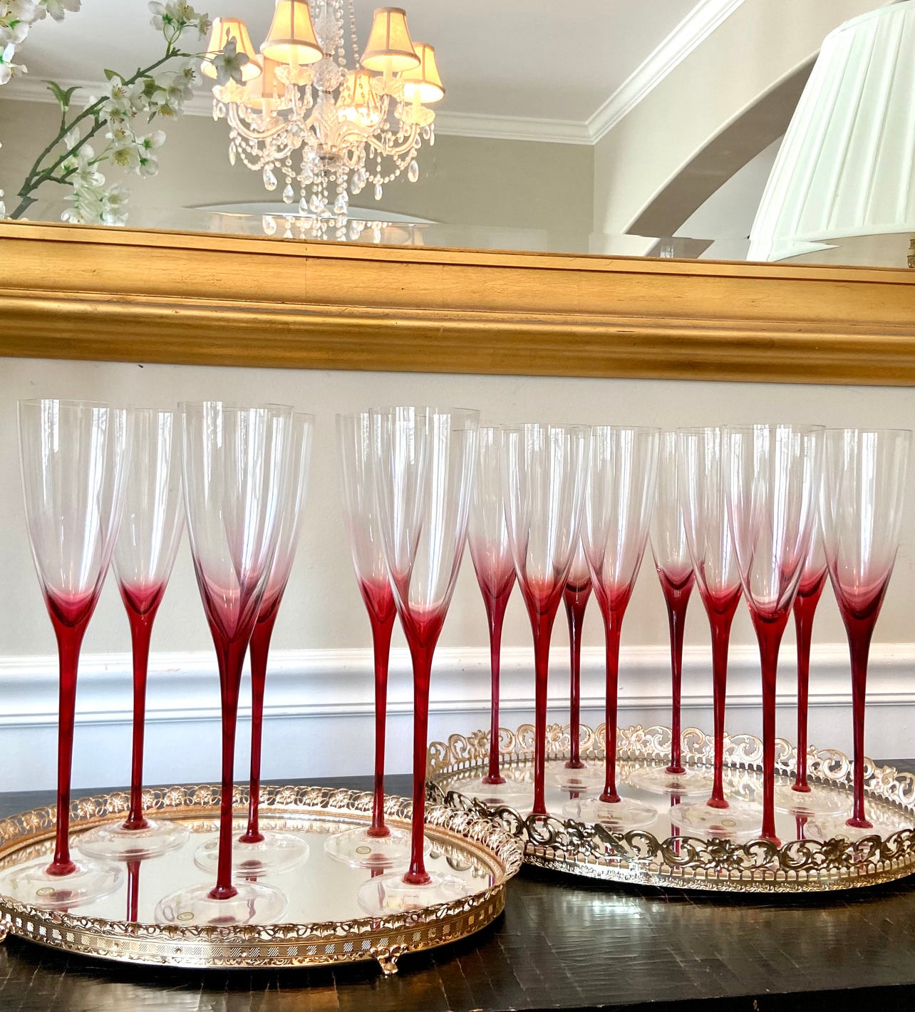 Set of 15 Retired Vintage NEIMAN MARCUS Exclusive Crystal Stemware Champagne glasses in pinky red hombre