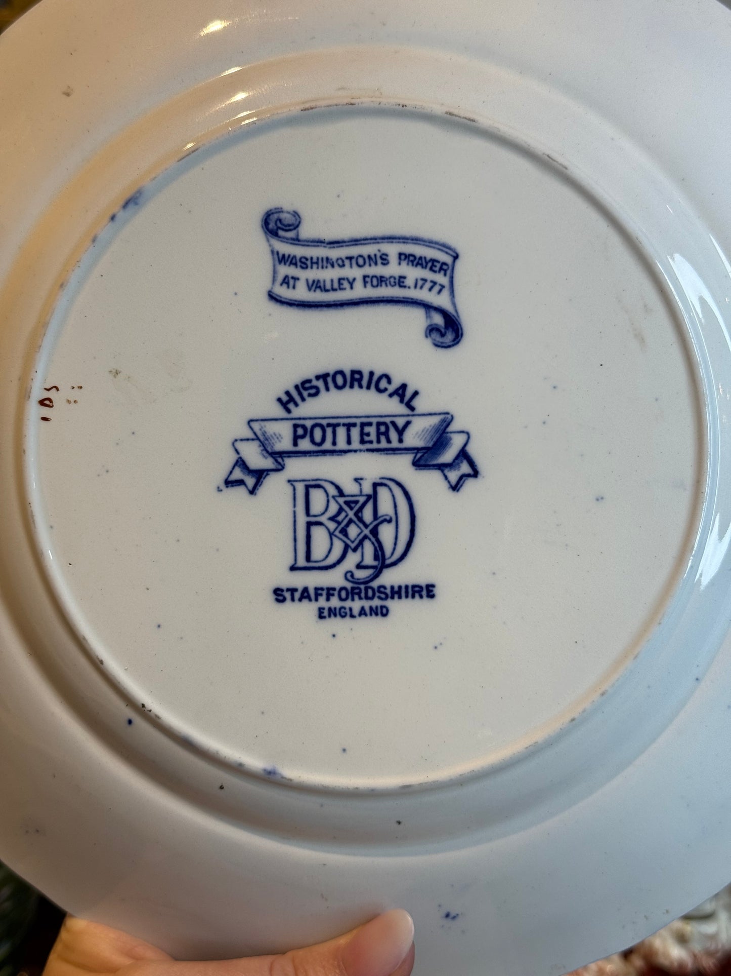 Historical Pottery Staffordshire “Washington’s Prayer at Valley Forge” Blue Transferware & Copper Luster Plate 10.25”