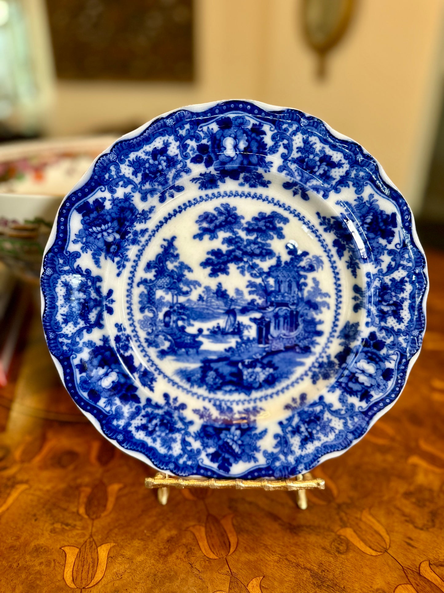 Late 19th Century Victorian Flow Blue Dinner Plate – “Fairy Villas” Pattern – W. Adams & Co., Tunstall, England (c.1891–early 1900s)