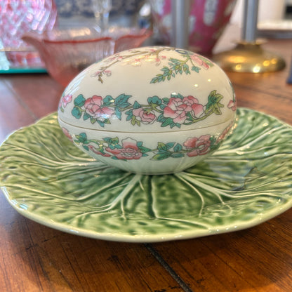 Beautiful Teissonniere  French Limoges chinoiserie colorful rose canton oval egg jar with lid