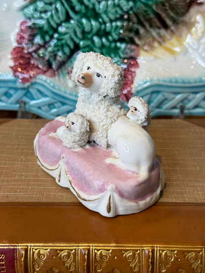 Antique Staffordshire Poodle with Puppies on Pink Cushion | Miniature Dog Figure | 3.25” x 1.5” | #DA4350