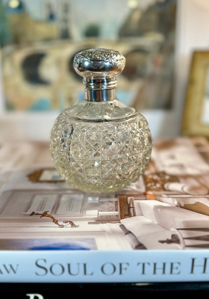 Victorian Art Nouveau Cut Crystal Perfume Bottle with Sterling Silver Repoussé Top Birmingham, England, c. 1901, 5”