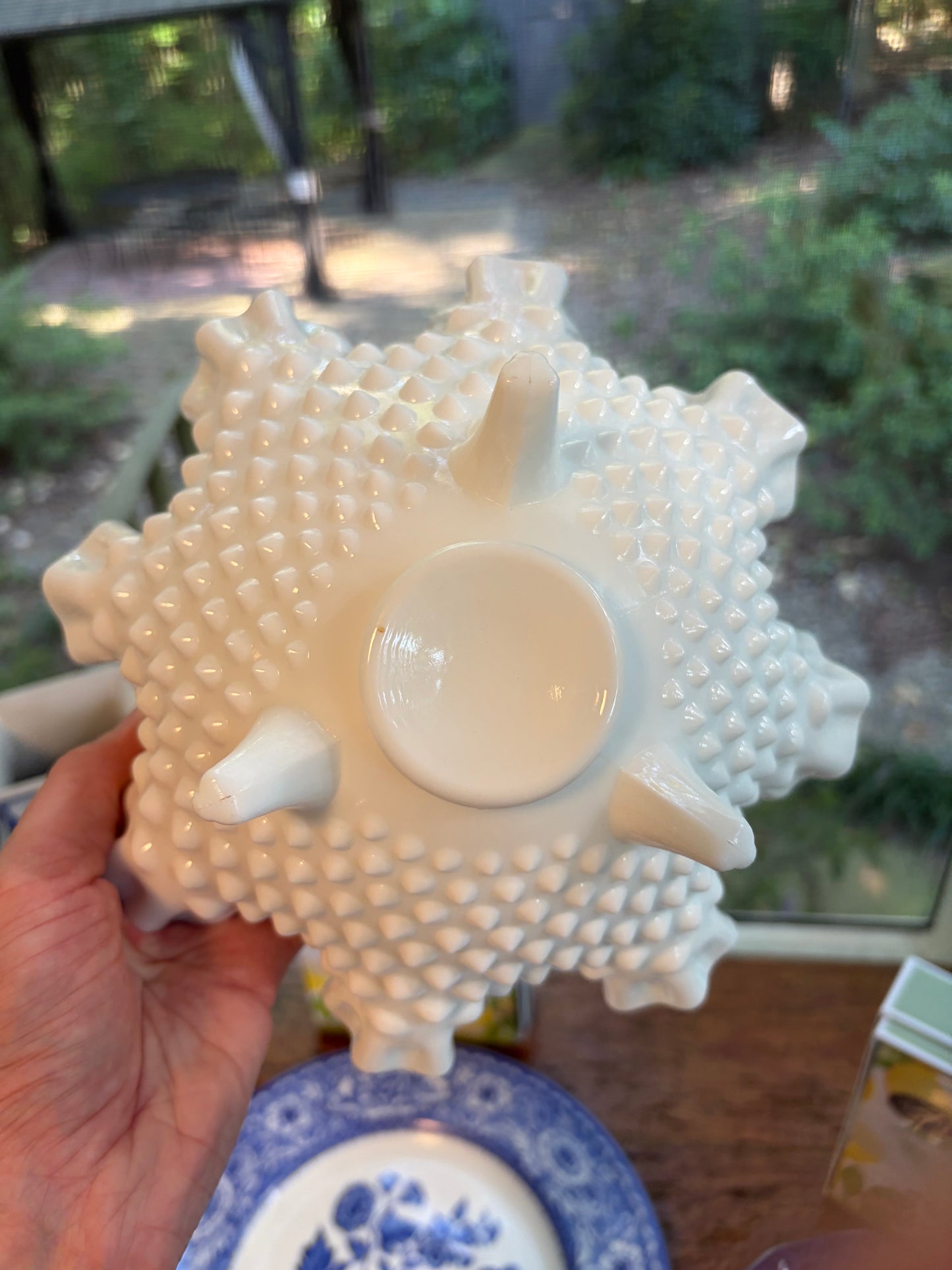 Beautiful white milk glass footed, ruffled hobnail bowl!