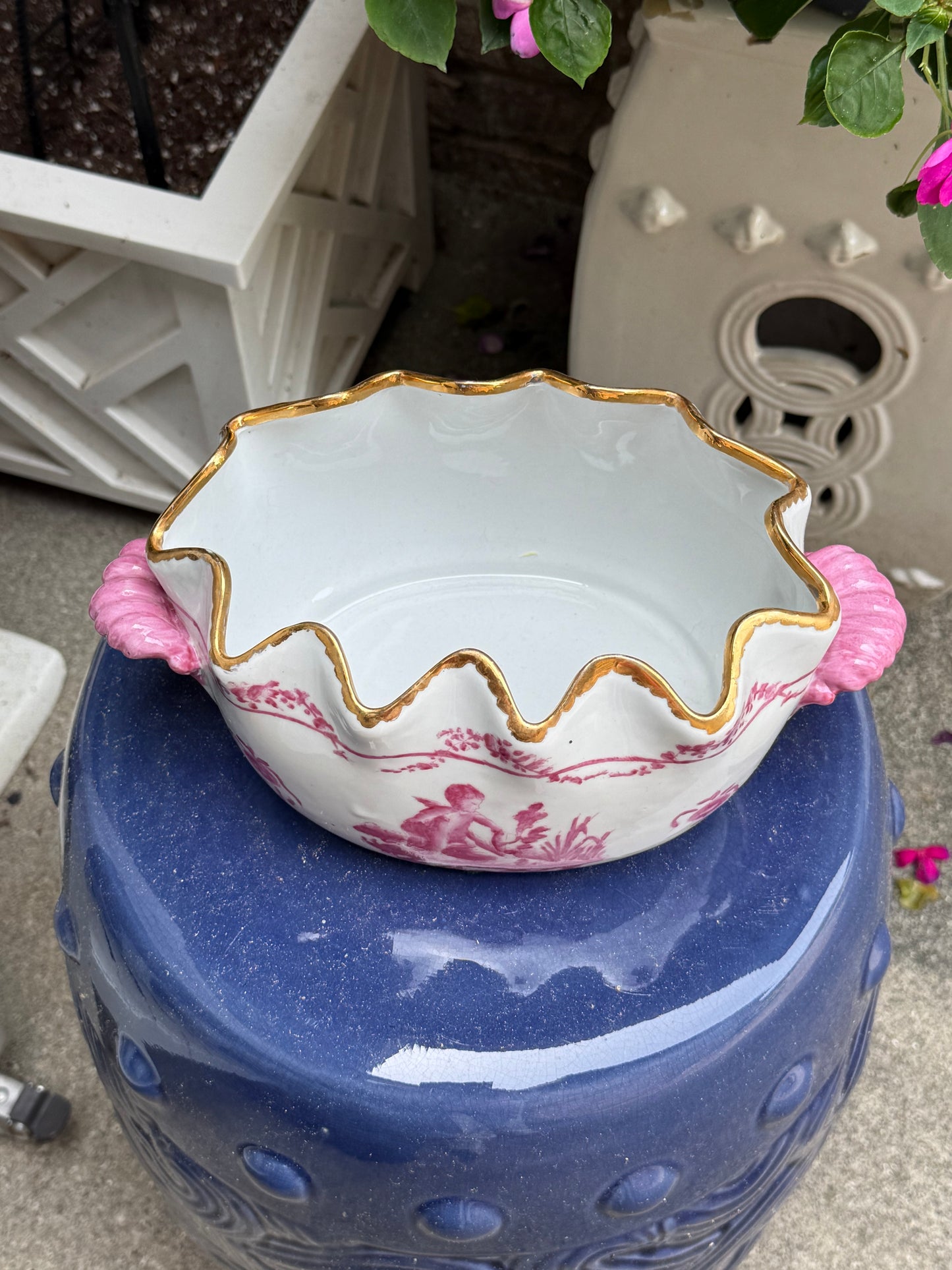 Vintage Pink Cherub Porcelain Basin W/ Scalloped Gilt Rim | 10”x6”