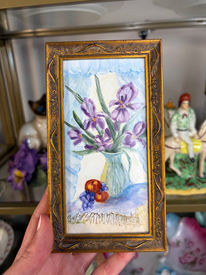Gorgeous signed floral art on ceramic with brass stand!