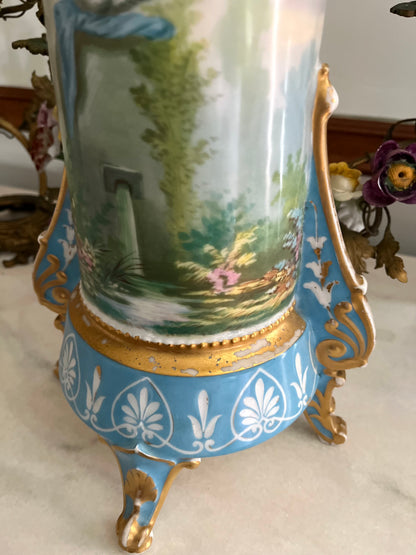 Antique French Paris Porcelain Tripod Vase, Bleu Céleste, Hand-Painted Maiden & Cupid, c. 1870