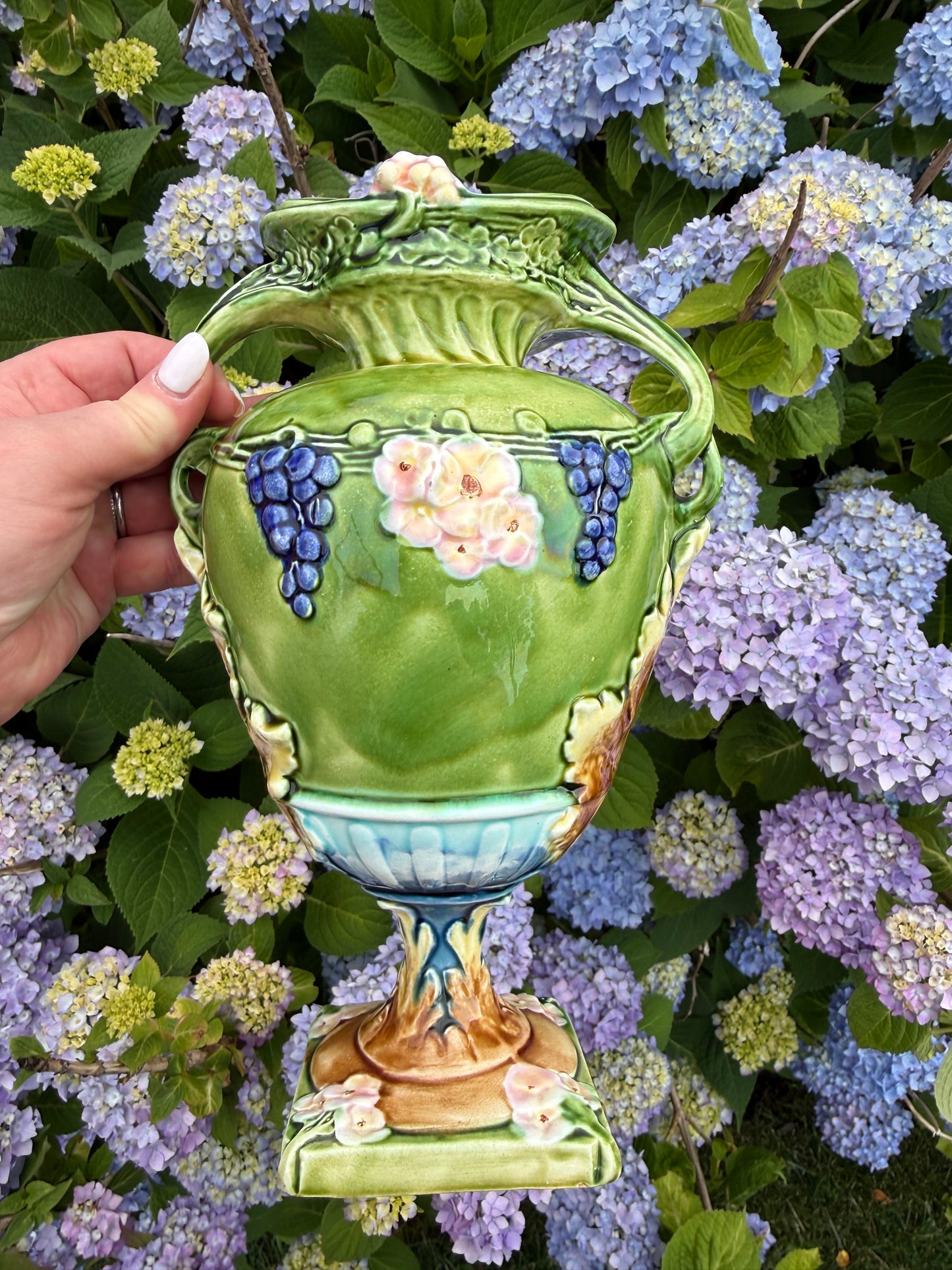 Live 6/22 Reserved SB - Stunning Majolica 10.5” Vase Turquoise Interior