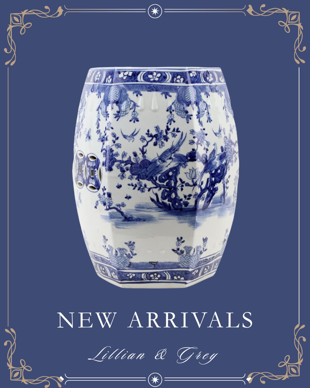 Danny’s Fine Porcelain | Blue & White Floral & Bird Garden Stool – 13” x 18.5” | Hand-Painted Chinoiserie Accent