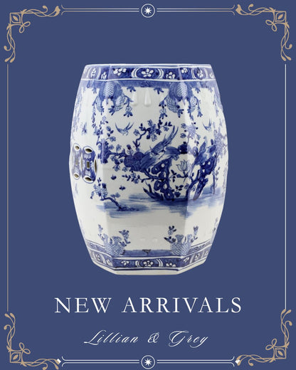 Danny’s Fine Porcelain | Blue & White Floral & Bird Garden Stool – 13” x 18.5” | Hand-Painted Chinoiserie Accent