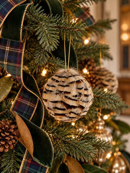 Natural Partridge Feather Holiday Ornament | 3"  Ball | Christmas & Thanksgiving Décor