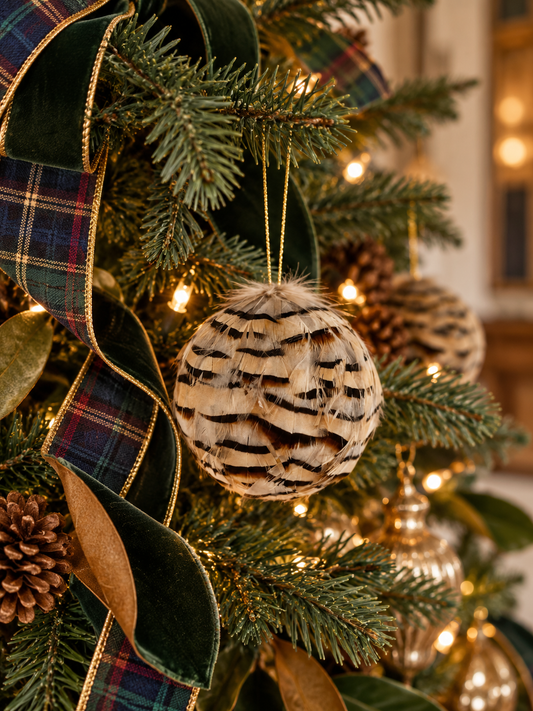 Natural Partridge Feather Holiday Ornament | 3"  Ball | Christmas & Thanksgiving Décor