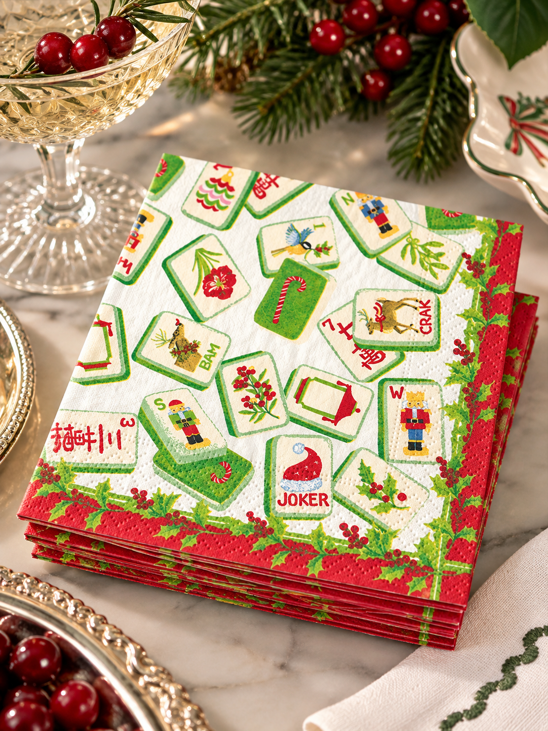 Caspari Christmas Mahjong Triple-Ply Cocktail Napkins – Package of 20 | Holiday Paper Napkins