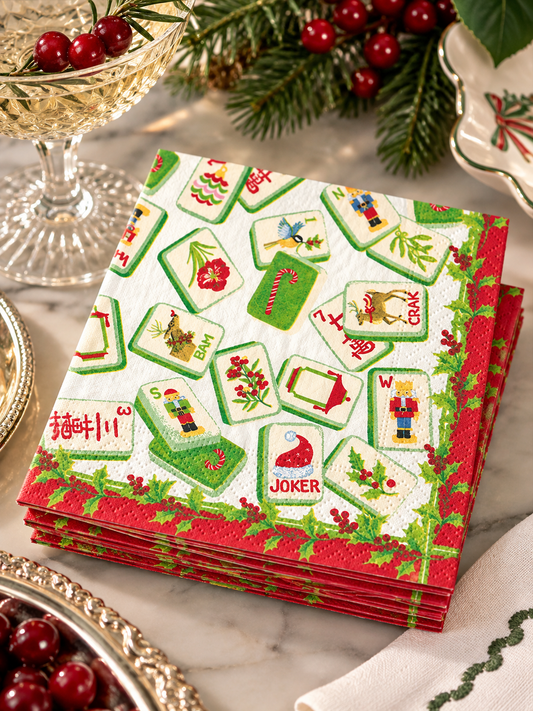 Caspari Christmas Mahjong Triple-Ply Cocktail Napkins – Package of 20 | Holiday Paper Napkins