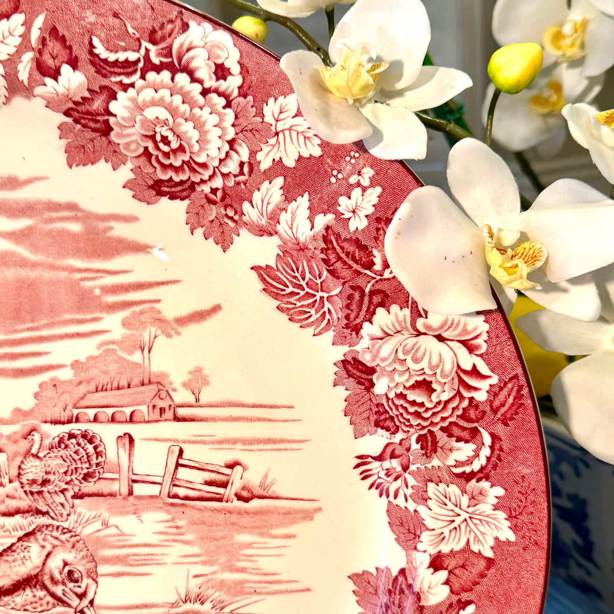 Rare Massive red pink willow older vintage Enoch Woods Burslem England platter 21 x 18