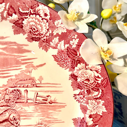 Rare Massive red pink willow older vintage Enoch Woods Burslem England platter 21 x 18