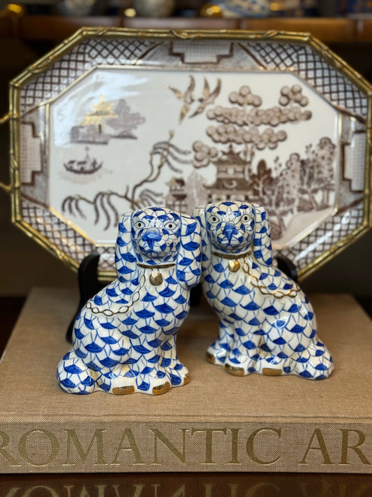 Danny’s Fine Porcelain Blue & White Spaniel Dog Figure Pair W/ Gold Accent (2 sizes to choose).