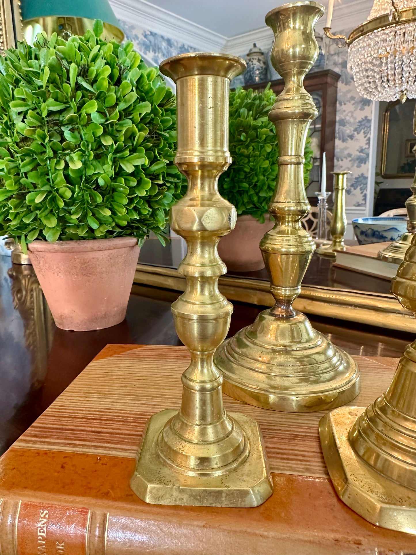 Set of 4 19thc Antique Brass Candle Sticks Holders Variety Sizes