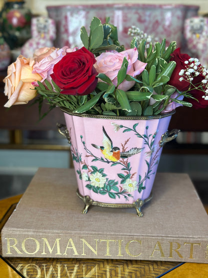 Danny's Fine Porcelain: Pink Floral Footed Basin/ Planter: Birds, Hand Painted, 9x6x7”