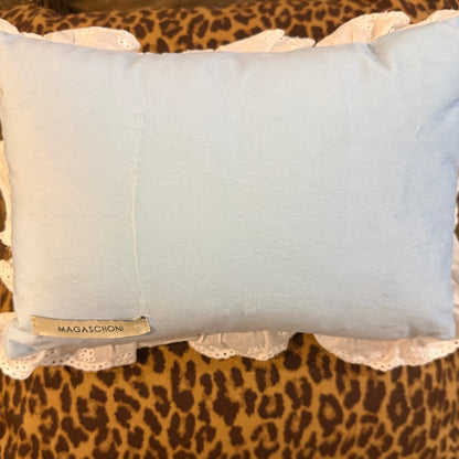 Beautiful blue gingham & eyelet needlepoint pillow 12 x 8