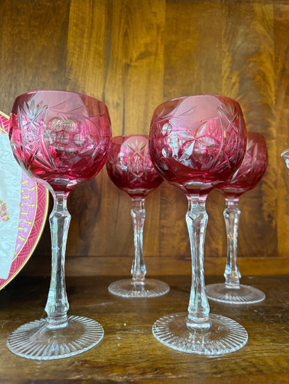 Vintage Pink Cut to Clear Set of 5 6.5” Glasses by Bayel