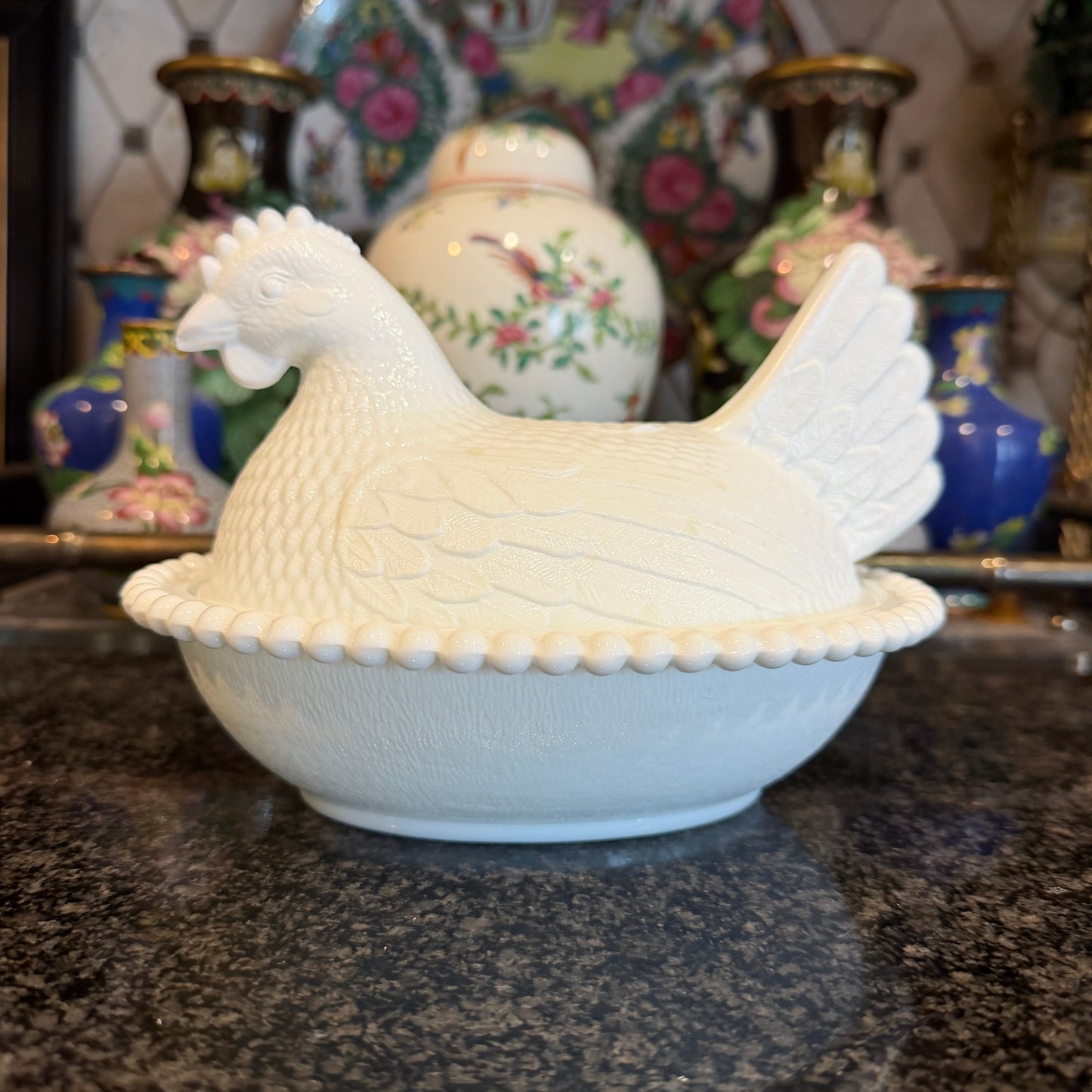 Vintage white rooster lidded dish serving milk glass 8 x 5