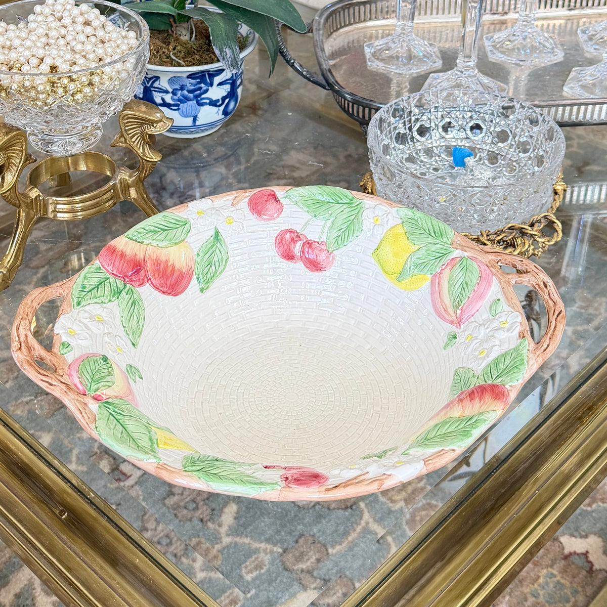 Vintage basketweave & fruit Fitz & Floyd ceramic serving bowl circa 1990 14 x 12 x 4