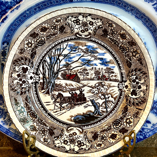 Antique brown & blue   transfer ware edge dinner plate 10.5d