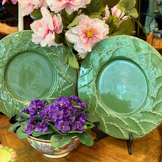 Set of 2 green cabbage charger round platters  13.25