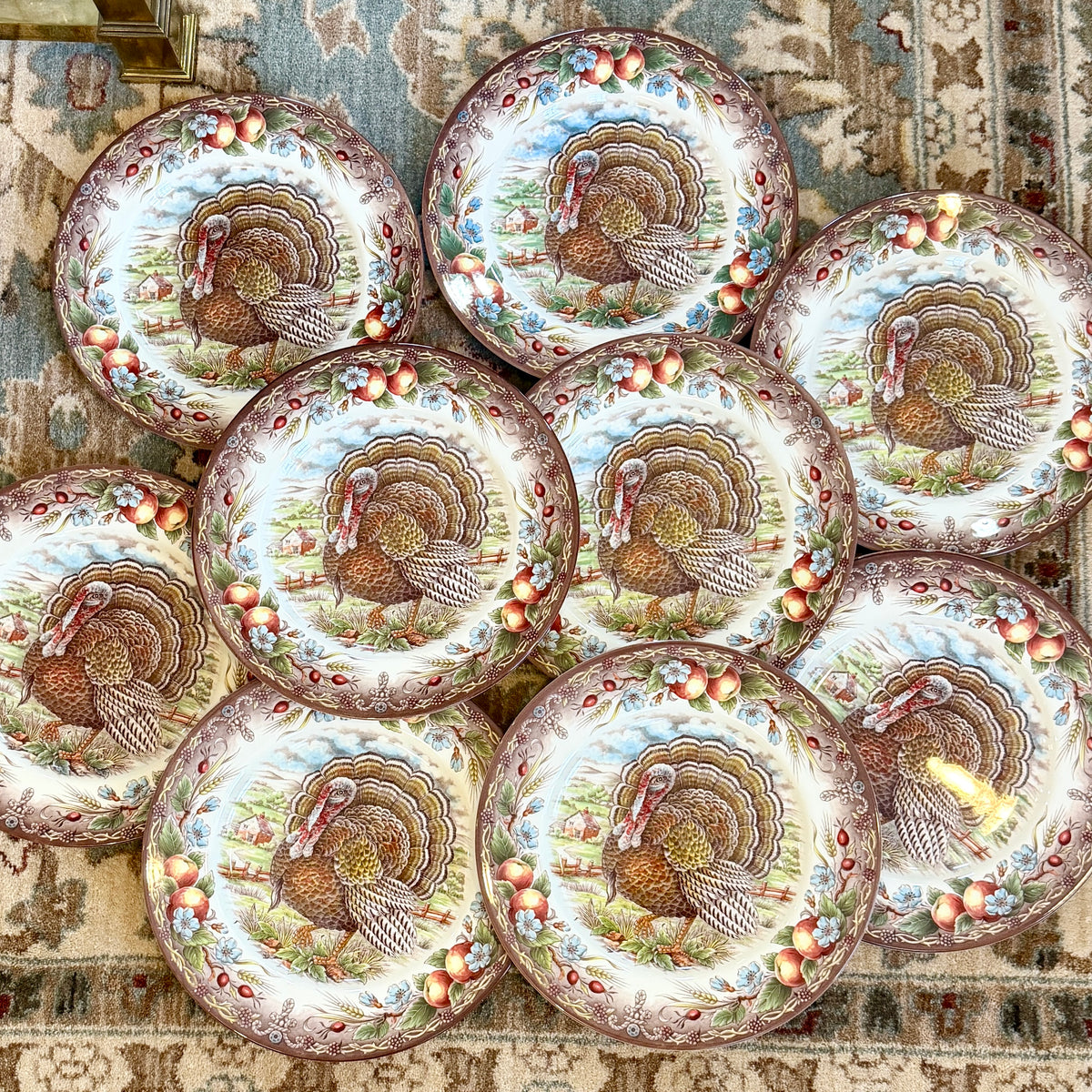 Gorgeous set of 9 “Victorian English” Pottery Edward Challinor Turkey Dinner plates