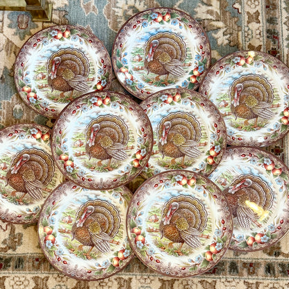 Gorgeous set of 9 “Victorian English” Pottery Edward Challinor Turkey Dinner plates