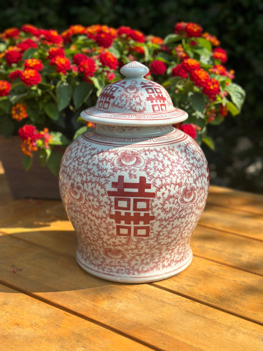 Danny’s Fine Porcelain - Hand painted Red/White Chinoiserie Double Happiness Ginger Jar, 9Lx9Wx12"H