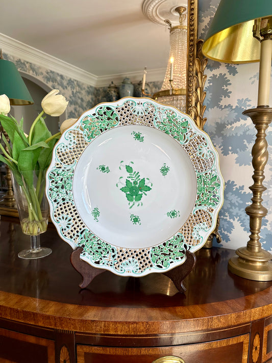 Gorgeous extra large 15.5” Herend Chinese Bouquet Green Reticulated Shallow Bowl Dish