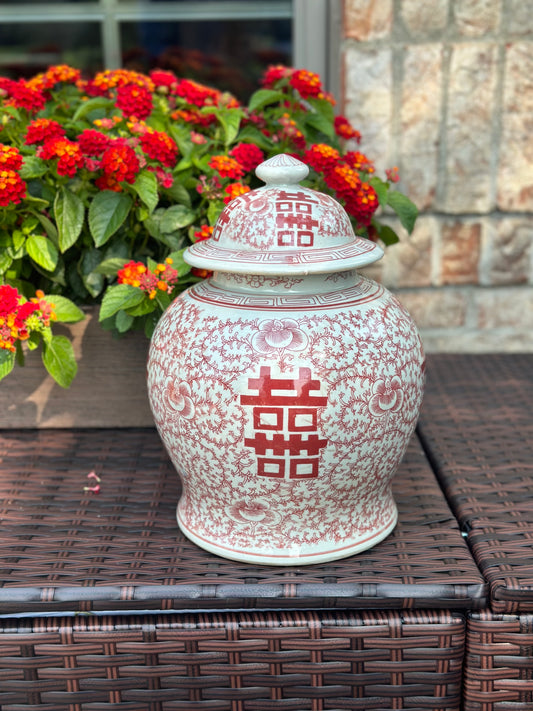 Danny’s Fine Porcelain - Hand painted Red/White Chinoiserie Double Happiness Vase & Ginger Jar (Sold Separate)