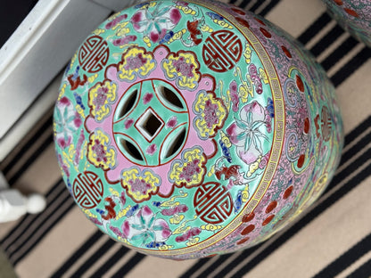 Danny’s Fine Porcelain - Hand Painted Porcelain Garden Stool, Green & Peach Palette: 12.5”L x 12.5”W x 15.75”H” (Sold Individually)