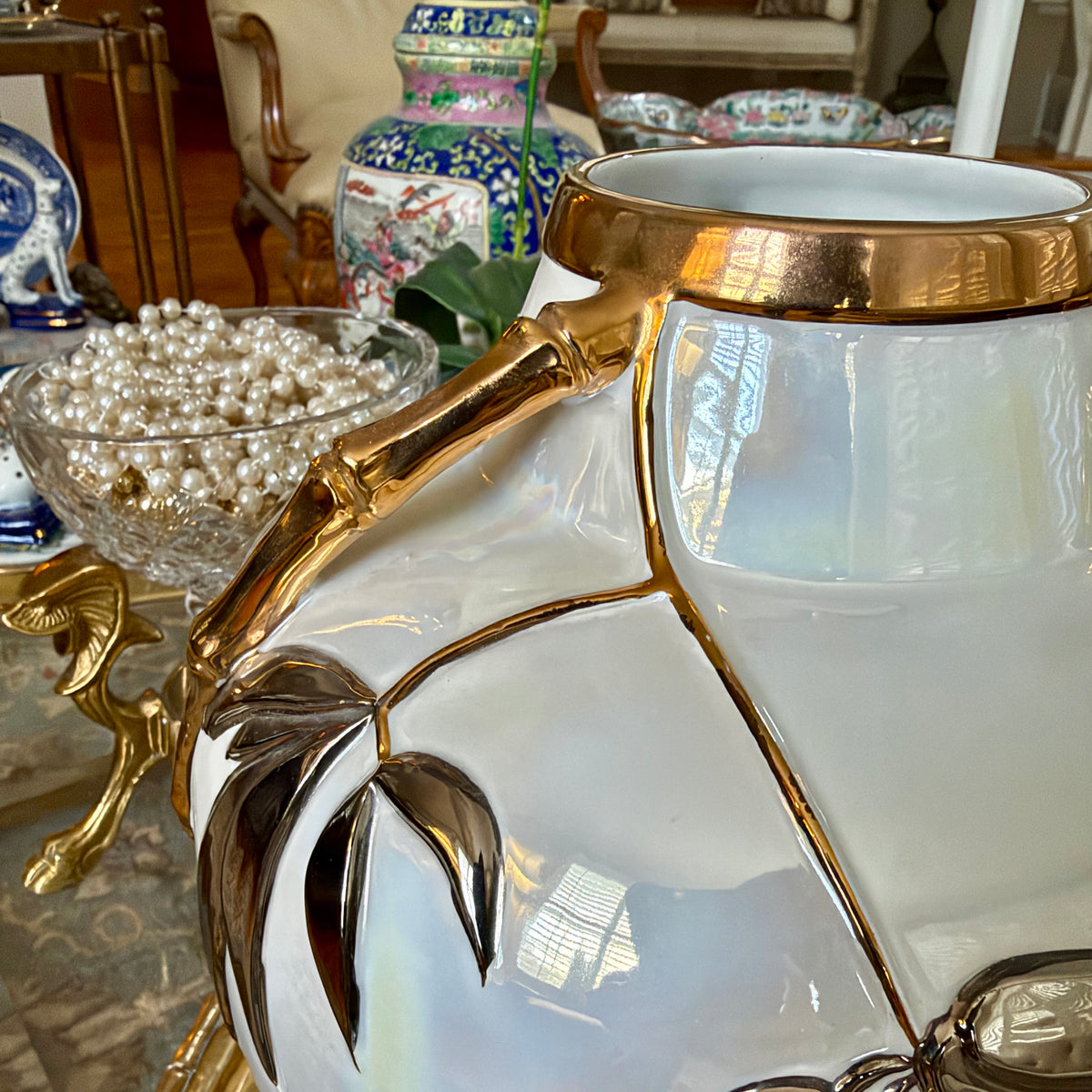 Extremely chic Italian designer Alessi vintage metallic faux bamboo gold and silver detailing on opal irredecent white vase