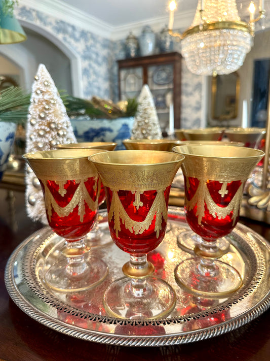 Stunning! Set of 6 Italian Red & Gold Gilt Goblets Glasses