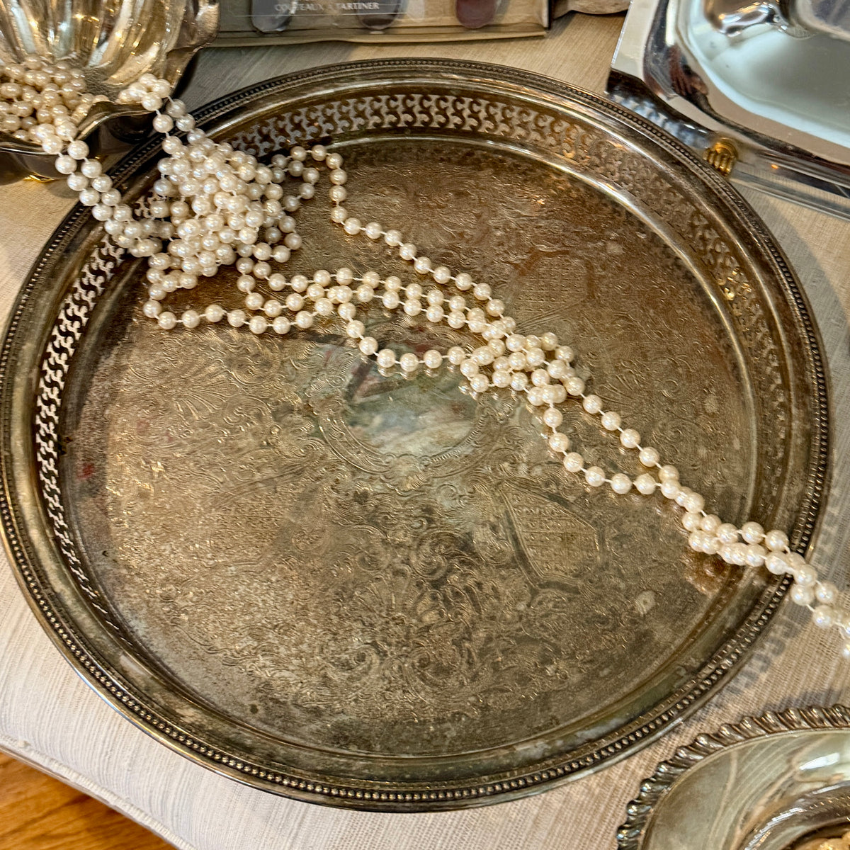Sparkling vintage silver plate round tray stamped by designer Oneida  13 d