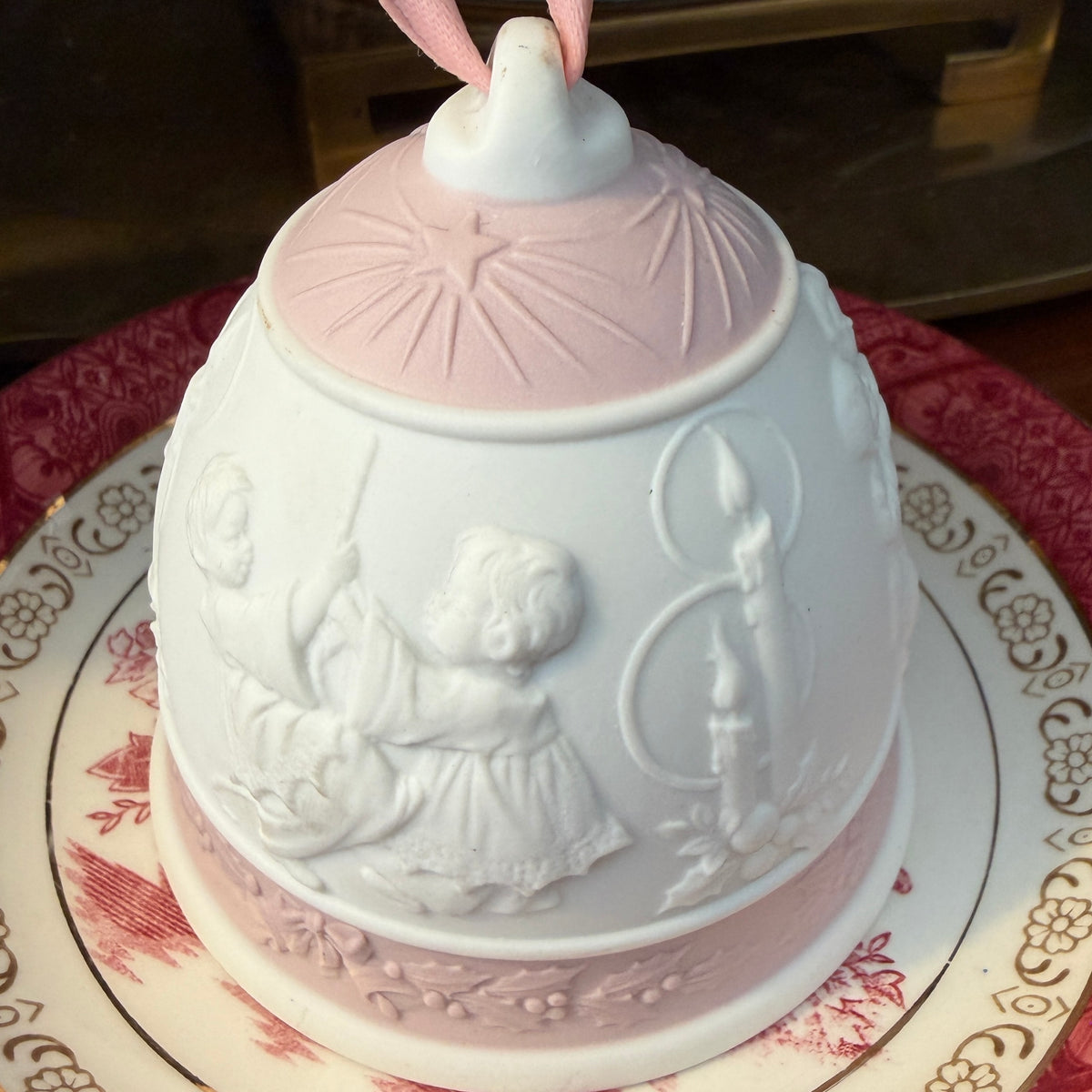Delightful pink Lladro Jasperware Christmas bell ornament